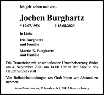Traueranzeige von Jochen Burghartz von Braunschweiger Zeitung