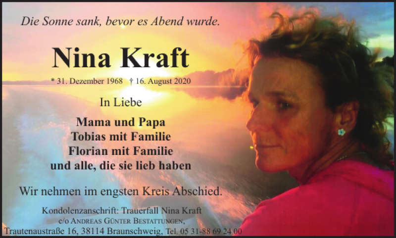 Traueranzeige für Nina Kraft vom 21.08.2020 aus Braunschweiger Zeitung