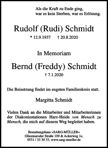 Traueranzeige von Rudolf Rudi Schmidt Bernd Freddy Schmidt  von Wolfsburger Nachrichten