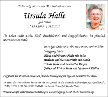 Traueranzeige von Ursula Halle von Braunschweiger Zeitung