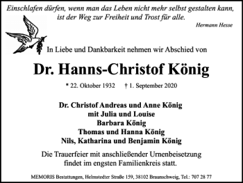Traueranzeige von Dr. Hanns-Christof König von Braunschweiger Zeitung