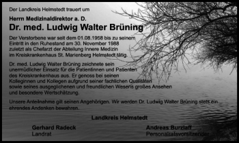 Traueranzeige von Dr. med. Ludwig Walter Brüning von Helmstedter Nachrichten