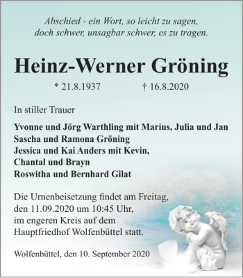 Traueranzeige von Heinz-Werner Gröning von Wolfenbütteler Zeitung