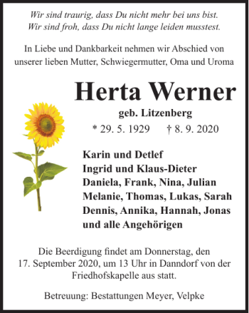 Traueranzeige von Herta Werner von Helmstedter Nachrichten