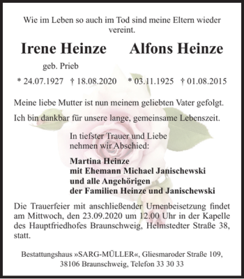 Traueranzeige von Irene Heinze Alfons Heinze von Braunschweiger Zeitung