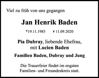 Traueranzeige von Jan Henrik Baden von Braunschweiger Zeitung