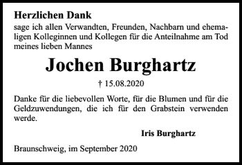 Traueranzeige von Jochen Burghartz von Braunschweiger Zeitung