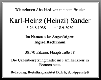 Traueranzeige von Karl-Heinz Heinzi Sander von Wolfenbütteler Zeitung