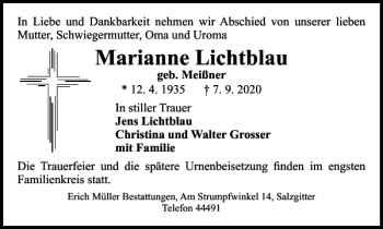 Traueranzeige von Marianne Lichtblau von Salzgitter Zeitung