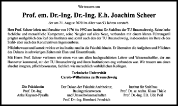 Traueranzeige von Prof. em. Dr.-Ing. Dr.-Ing. E. h. Joachim Scheer  von Braunschweiger Zeitung