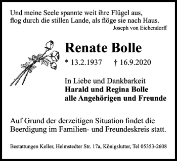Traueranzeige von Renate Bolle von Helmstedter Nachrichten