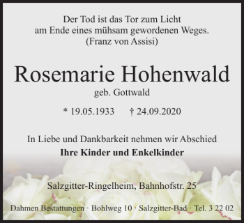 Traueranzeige von Rosemarie Hohenwald von Salzgitter Zeitung