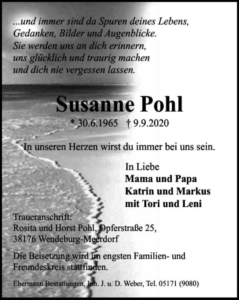  Traueranzeige für Susanne Pohl vom 16.09.2020 aus Peiner Nachrichten