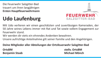 Traueranzeige von Udo Laufenburg von Salzgitter Zeitung