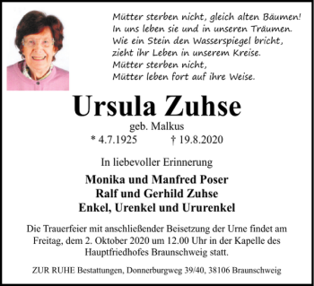 Traueranzeige von Ursula Zuhse von Braunschweiger Zeitung