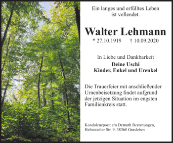 Traueranzeige von Walter Lehmann von Helmstedter Nachrichten