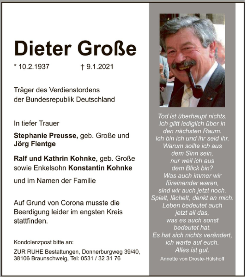  Traueranzeige für Dieter Große vom 19.01.2021 aus Braunschweiger Zeitung