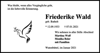 Traueranzeige von Friederike Wald von Braunschweiger Zeitung