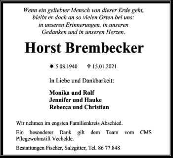 Traueranzeige von Horst Brembecker von Peiner Nachrichten