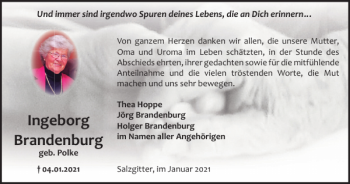 Traueranzeige von Ingeborg Brandenburg von Salzgitter Zeitung