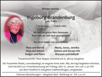 Traueranzeige von Ingeborg Brandenburg von Braunschweiger Zeitung