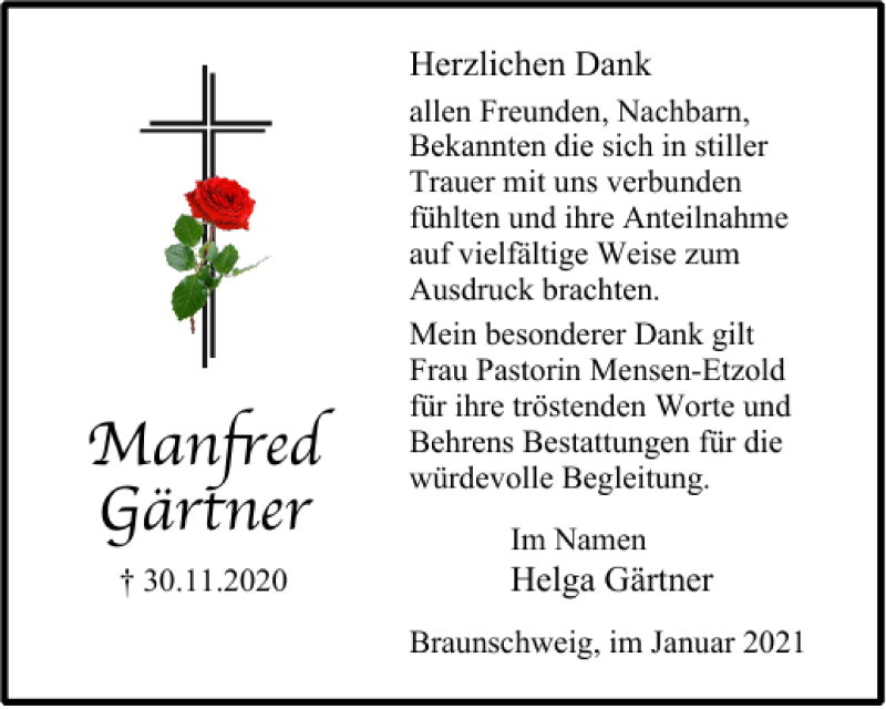 Traueranzeigen von Manfred Gärtner trauer38.de