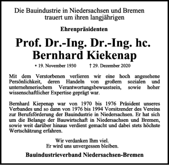 Traueranzeige von Prof. Dr.-Ing. Dr.-Ing. hc. Bernhard Kiekenap  von Braunschweiger Zeitung