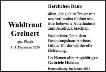 Traueranzeige von Waldtraut Greinert von Braunschweiger Zeitung