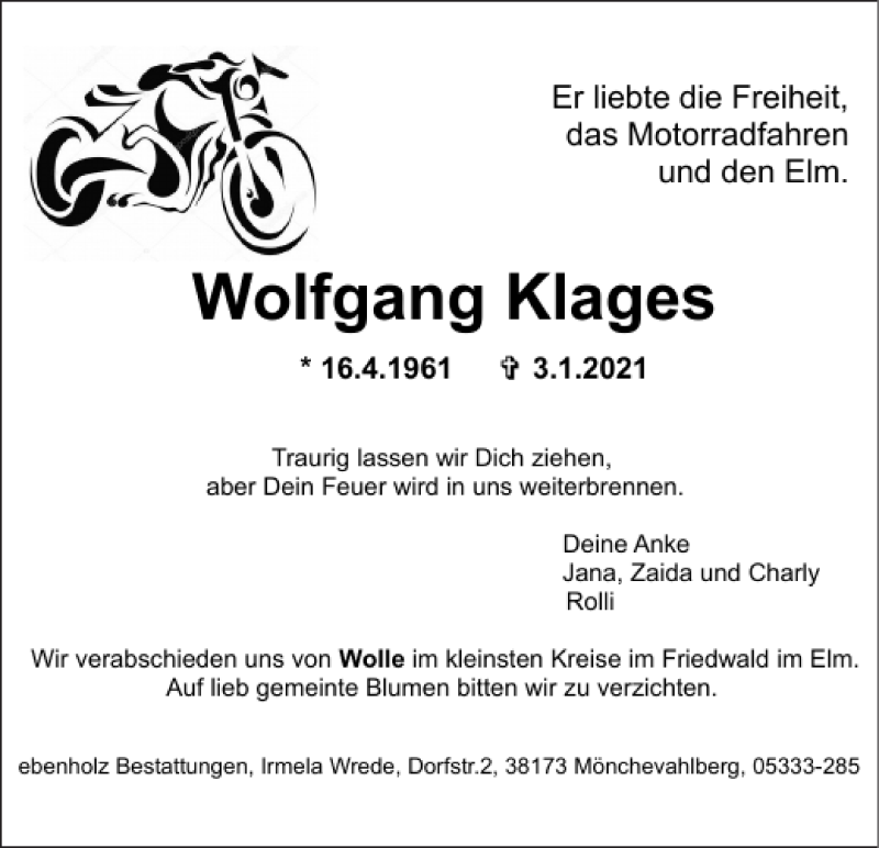  Traueranzeige für Wolfgang Klages vom 13.01.2021 aus Braunschweiger Zeitung