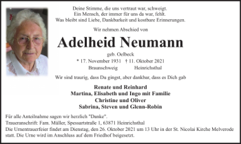 Traueranzeige von Adelheid Neumann von Braunschweiger Zeitung