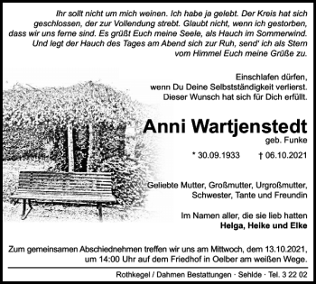 Traueranzeige von Anni Wartjenstedt von Salzgitter Zeitung