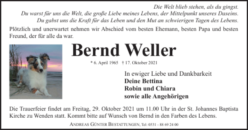  Traueranzeige für Bernd Weller vom 26.10.2021 aus Braunschweiger Zeitung