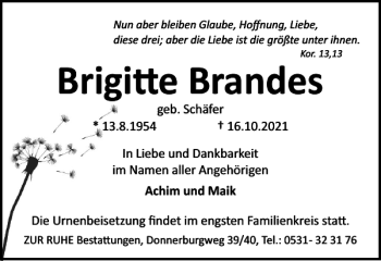 Traueranzeige von Brigitte Brandes von Braunschweiger Zeitung