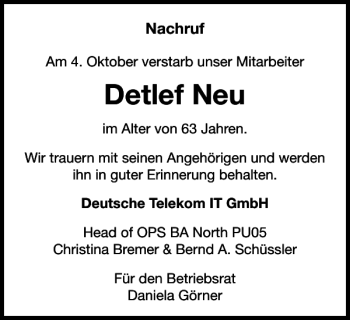 Traueranzeige von Detlef Neu von Braunschweiger Zeitung