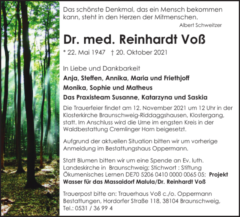 Traueranzeige für Dr. med. Reinhardt Voß vom 30.10.2021 aus Braunschweiger Zeitung