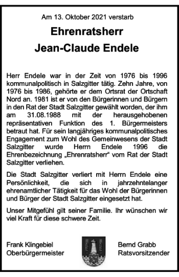 Traueranzeige von Ehrenratsherr Jean-Claude Endele von Salzgitter Zeitung