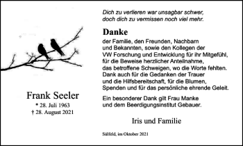 Traueranzeige von Frank Seeler von Wolfsburger Nachrichten