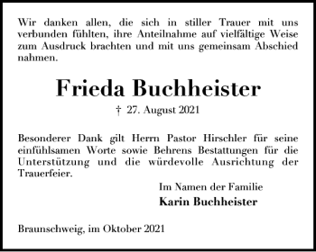 Traueranzeige von Frieda Buchheister von Braunschweiger Zeitung