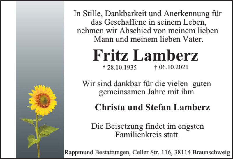  Traueranzeige für Fritz Lamberz vom 16.10.2021 aus Braunschweiger Zeitung