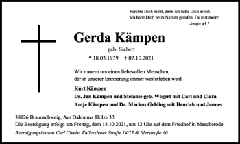 Traueranzeige von Gerda Kämpen von Braunschweiger Zeitung