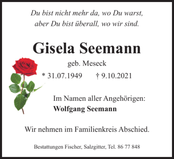 Traueranzeige von Gisela Seemann von Braunschweiger Zeitung