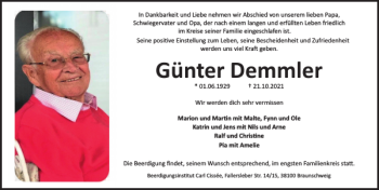 Traueranzeige von Günter Demmler von Braunschweiger Zeitung
