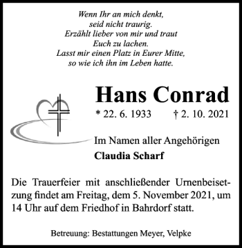 Traueranzeige von Hans Conrad von Helmstedter Nachrichten