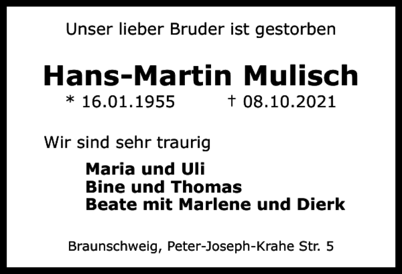  Traueranzeige für Hans-Martin Mulisch vom 22.10.2021 aus Braunschweiger Zeitung