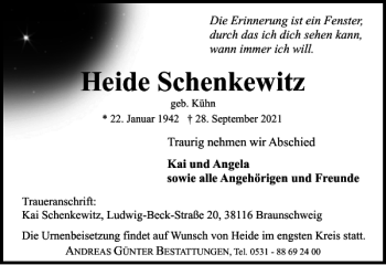 Traueranzeige von Heide Schenkewitz von Braunschweiger Zeitung