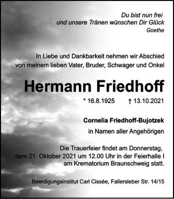 Traueranzeige von Hermann Friedhoff von Braunschweiger Zeitung