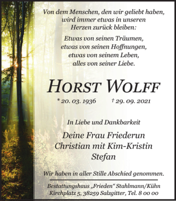 Traueranzeige von Horst Wolff von Salzgitter Zeitung
