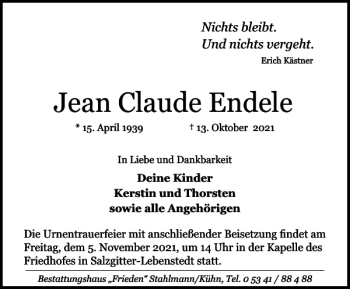 Traueranzeige von Jean Claude Endele von Salzgitter Zeitung