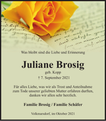 Traueranzeige von Juliane Brosig von Helmstedter Nachrichten