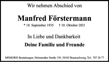Traueranzeige von Manfred Förstermann von Braunschweiger Zeitung